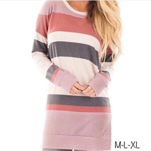 Blush, Cream, Grey Striped Lightweight Pullover Tunic Sweatshirt M-XL
